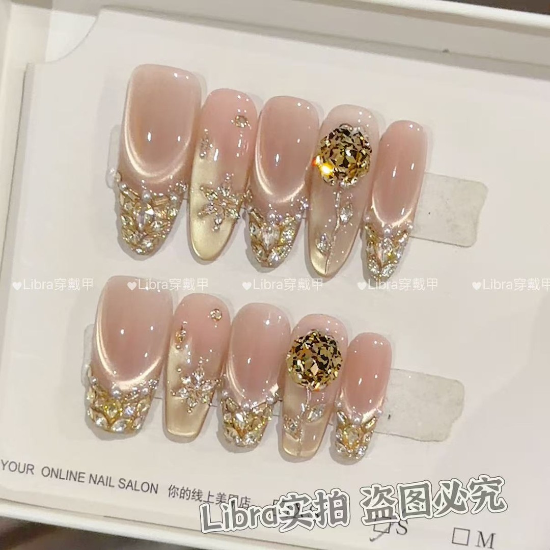 金箔玫瑰 手工穿戴美甲猫眼美甲新款穿戴甲中长款短款可爱指甲贴