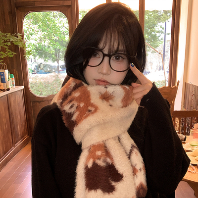 可爱小熊猫双面毛绒围巾女秋冬季加绒加厚保暖百搭情侣潮学生围脖