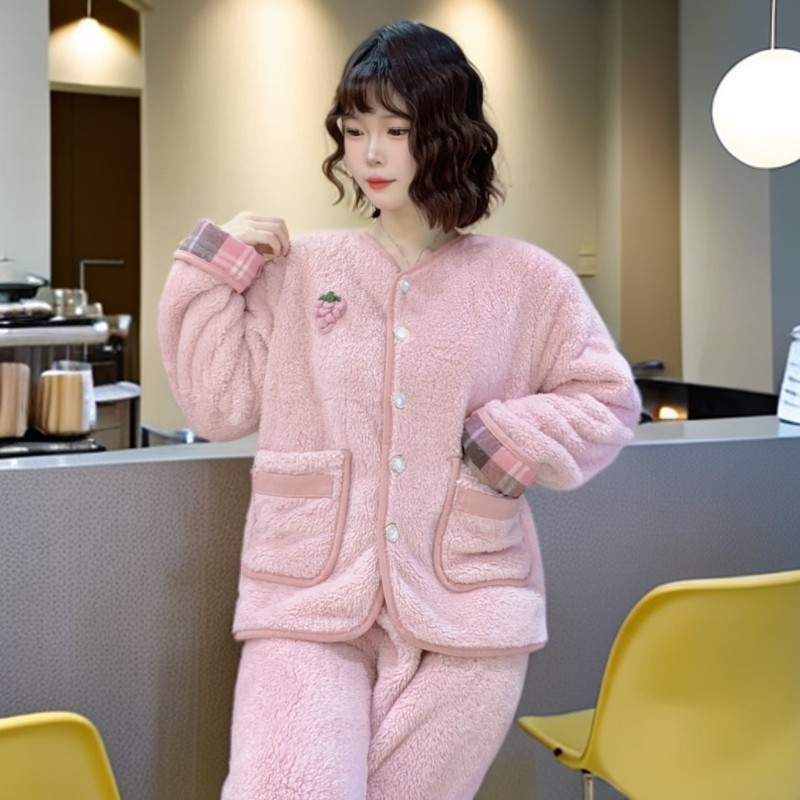 瑜妹妹 粉色葡萄拼格子-秋冬季新款保暖女士加绒睡衣家居服套装