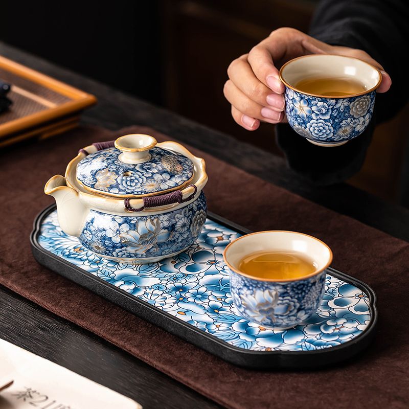 青花汝窑手抓壶盖碗茶杯高档防烫家用功夫茶具套装单人专用泡茶器