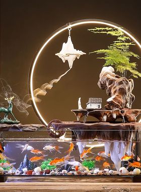 创意免换水生态玻璃鱼缸造景假山流水摆件循环水客厅办公室装饰品