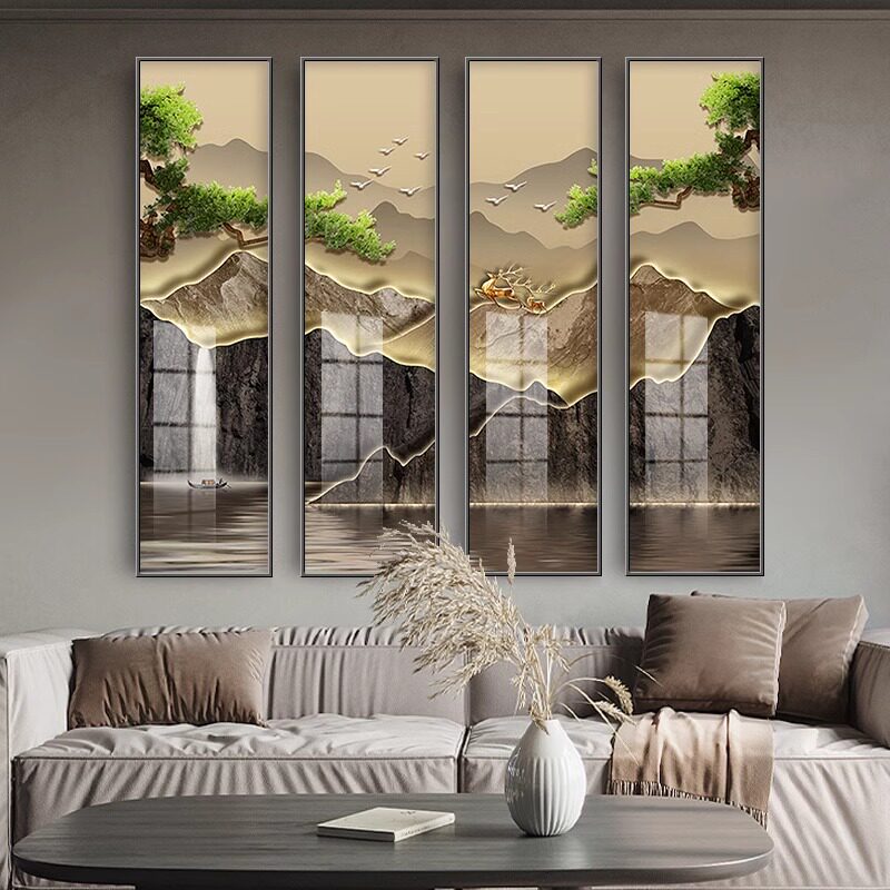 新中式客厅沙发背景墙装饰挂画玄关茶室餐厅迎客松四条屏中堂壁画