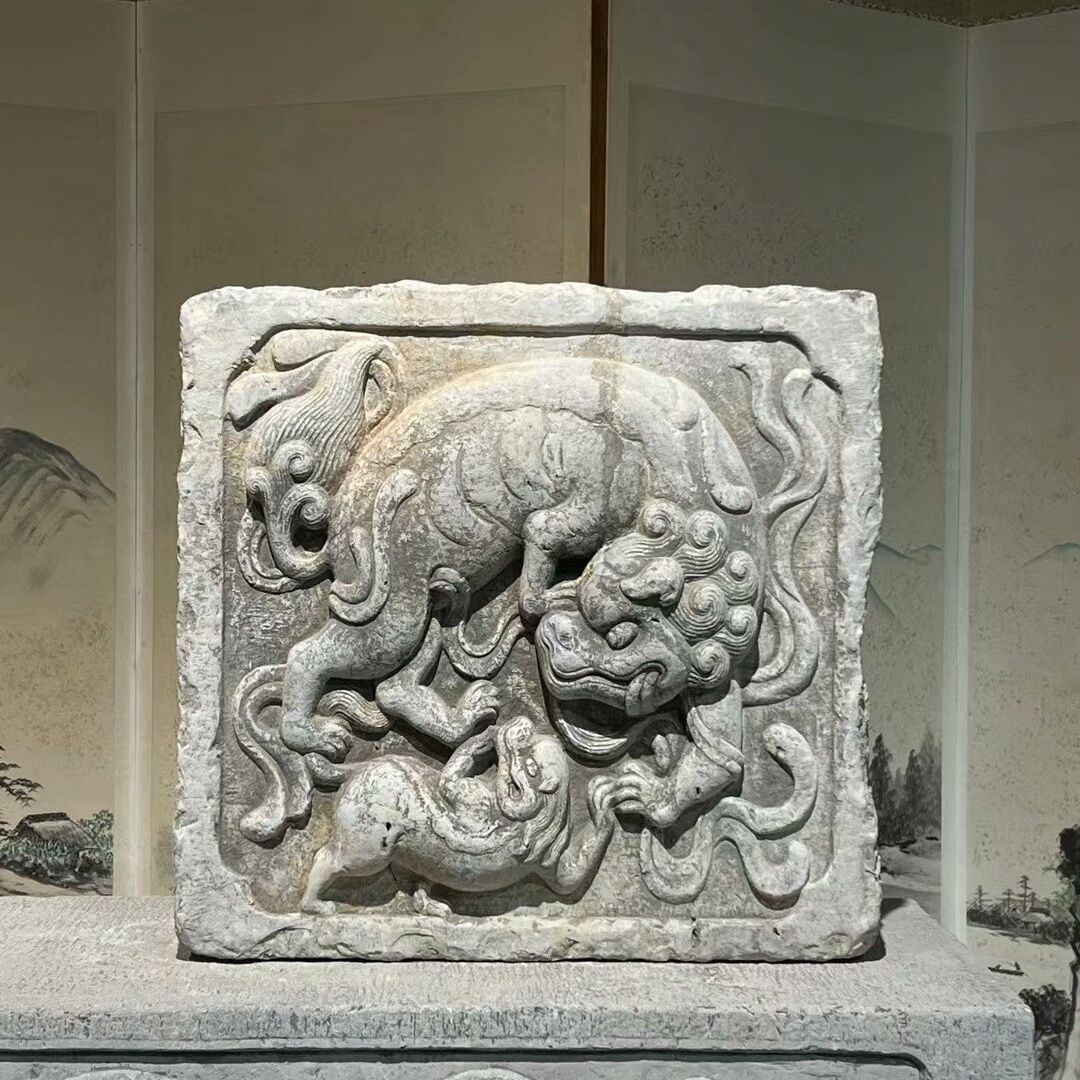 青石大理石仿古做旧狮子老物件理想摆件招财镇宅雕刻石雕麒麟浮雕