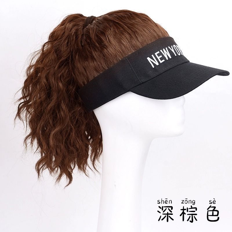 带头发的帽子网红同款帽子发女长发时尚夏遮阳全头套式羊毛卷马尾