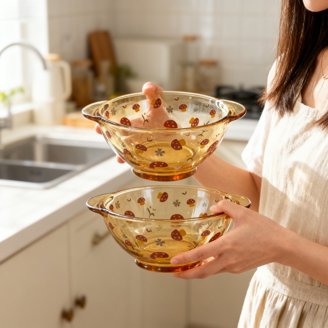 两只500ml蘑菇琥珀原色高硼硅玻璃双耳碗家用耐高温沙拉碗米饭碗