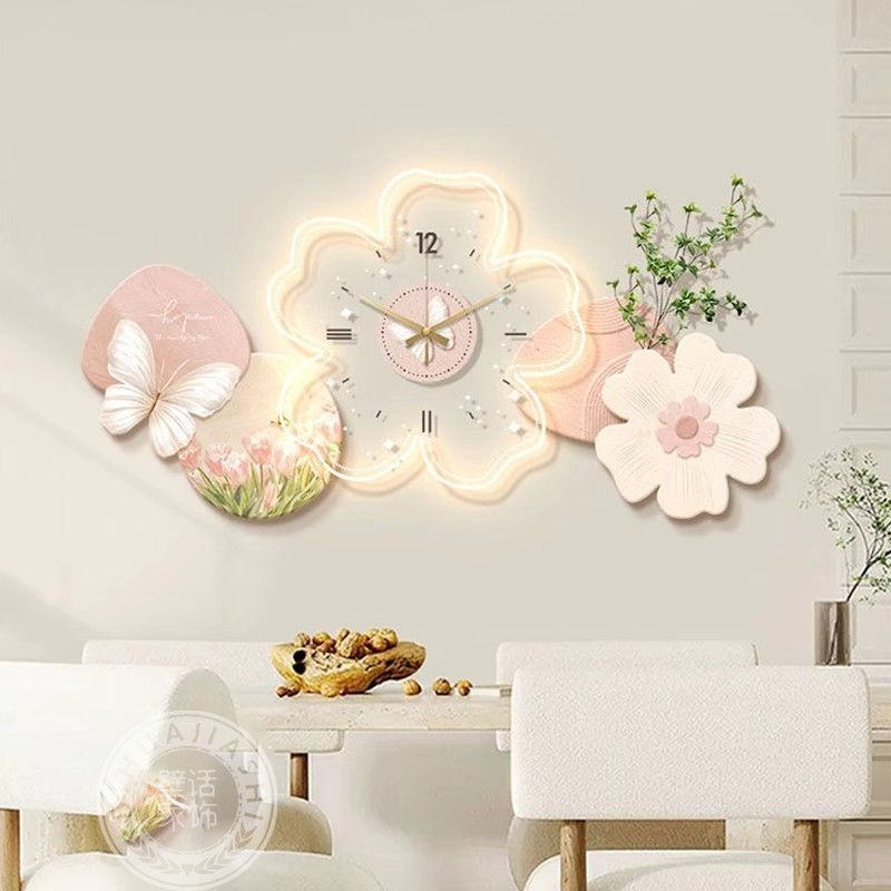 奶油风装饰画带钟表2025年新款餐桌柜挂画北欧饭厅创意时钟壁灯画