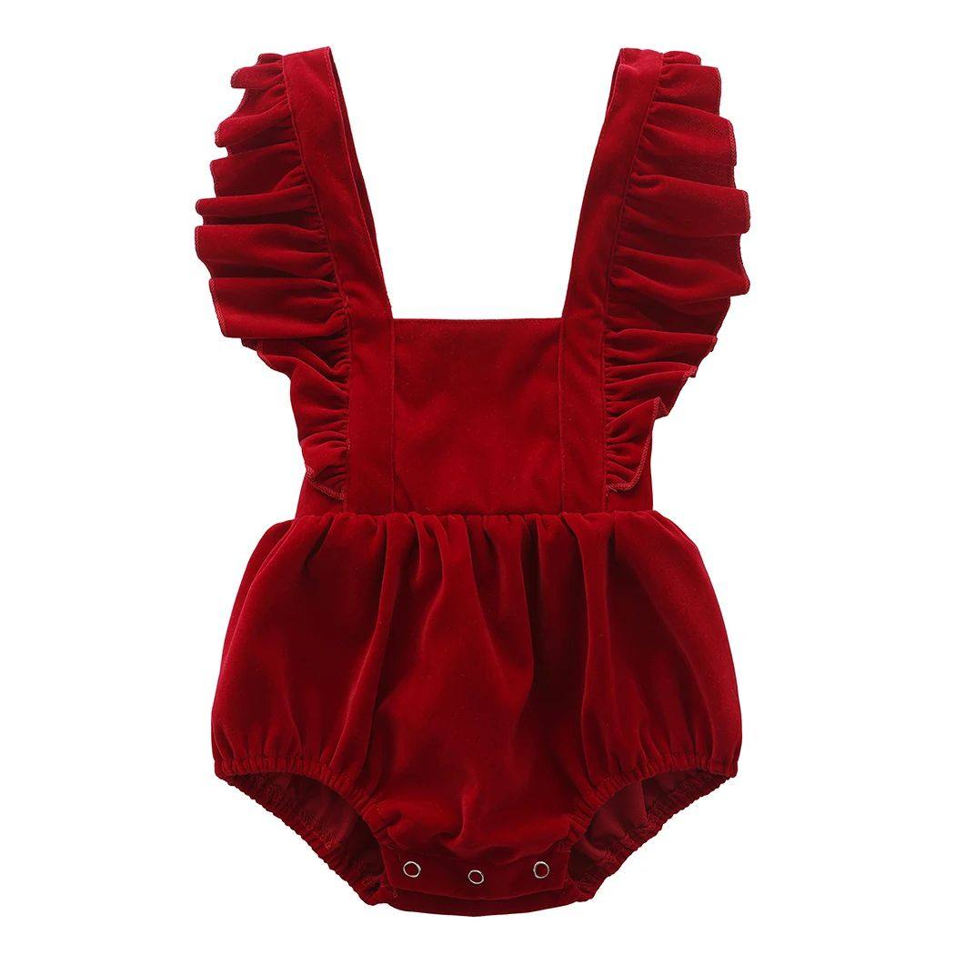Christmas Velvet Baby Girls Romper Fall Winter Ruffles Lace