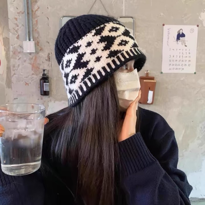 韩系菱格冷帽网红设计师款秋冬保暖针织帽子女显脸小包头帽女