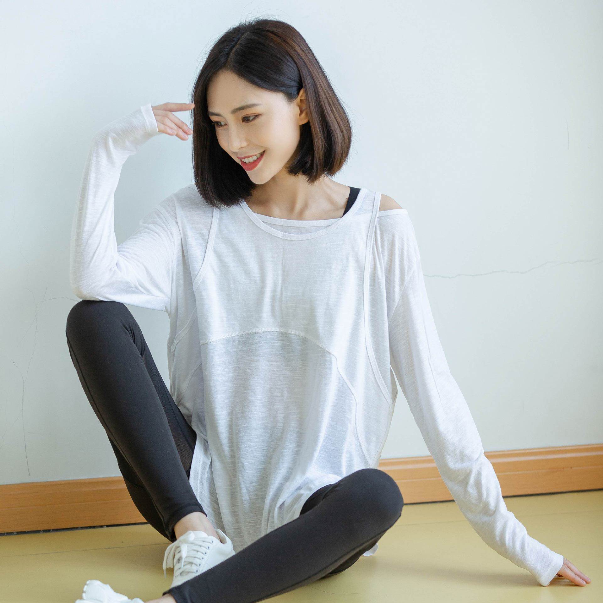 新款宽松大码运动上衣瑜伽服套装女子秋冬棉感欧美健身罩衫长袖