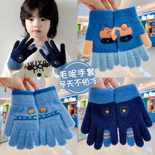 男童五指手套秋冬季保暖男孩小童五指手套卡通挖掘机儿童分指手套