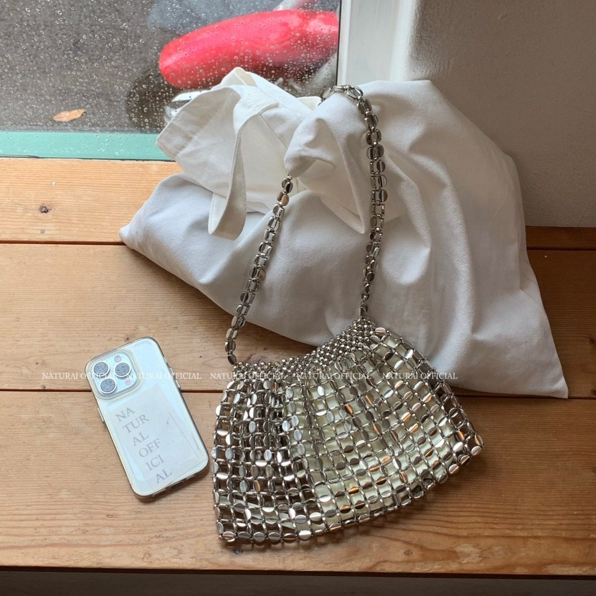 NaturalOfficial设计感银色手工串珠编织手提包夏日B备腋下单肩包,箱包皮具/热销女包/男包,腋下包,淘宝优惠券,粉丝福利购,淘宝优惠卷