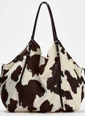 奶牛包丝绸缎面托特包女2026春季新款大容量包包百搭蓝条纹单肩包