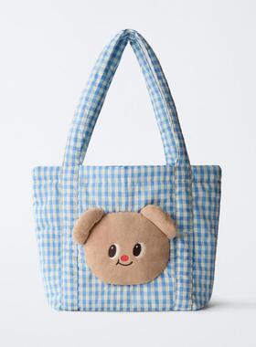 黄油小熊蓝格纹包2026春季新款女包大容量托特包可爱购物袋包