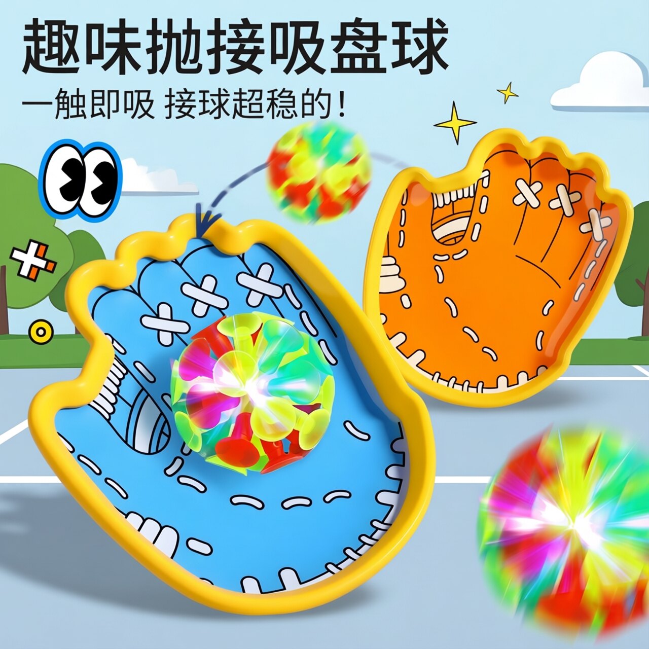 趣味吸盘抛接球亲子户外室内运动手掌粘粘球儿童益智玩具手抓球拍 - 实物图