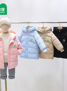 木木屋1122新款加绒加厚棉服中长款男女童连帽印花棉服