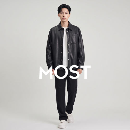 MOST漠士秋季黑色翻领皮夹克男