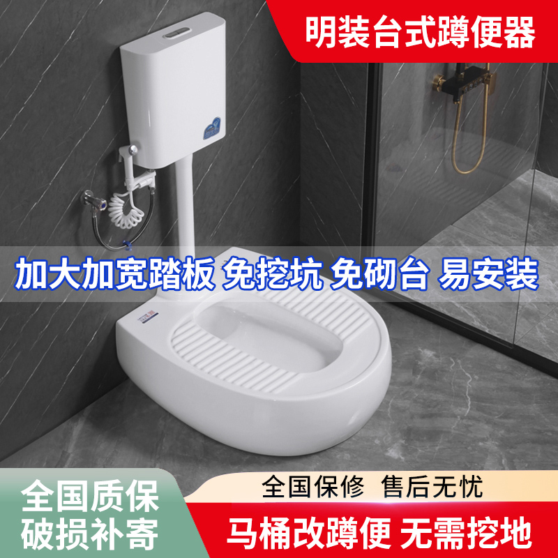 加宽一体式带存水弯明装蹲便器免挖地免垒台马桶改蹲坑靠墙式蹲厕