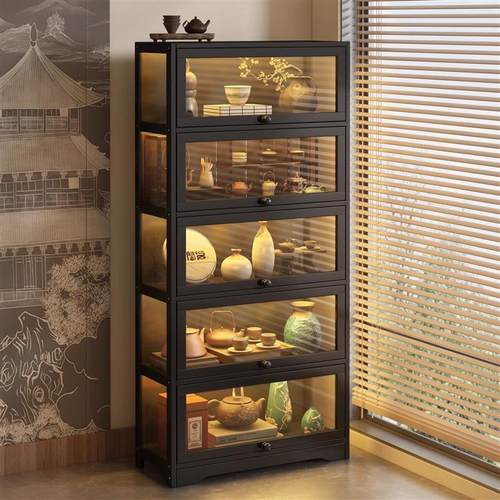 茶叶储存专用柜茶柜置物架茶叶柜子紫砂壶茶具收纳复古博古架带灯