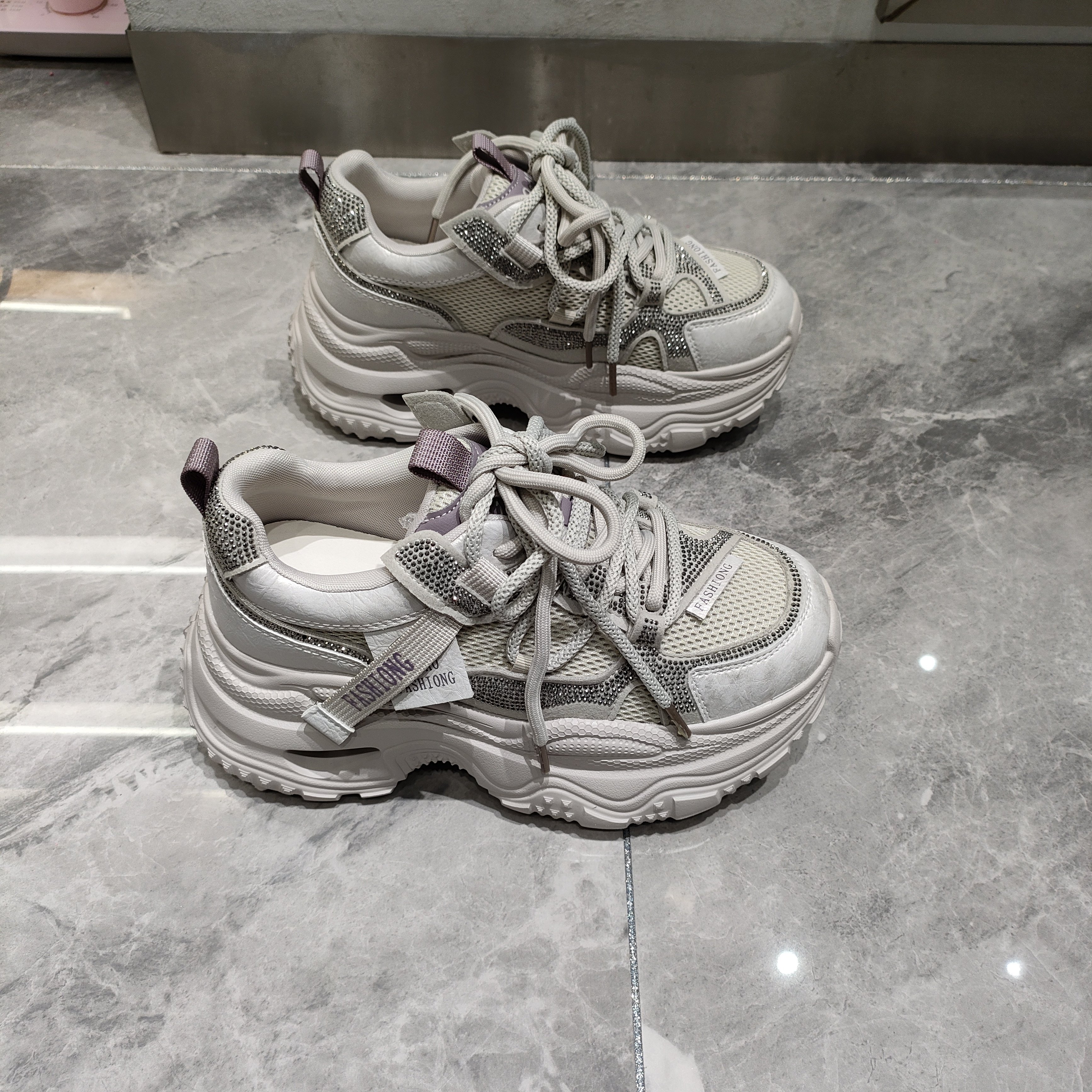 真皮厚底老爹鞋女2026春季新款网面水钻透气增高百搭运动休闲鞋35,女鞋,老爹鞋,淘宝优惠券,粉丝福利购,淘宝优惠卷