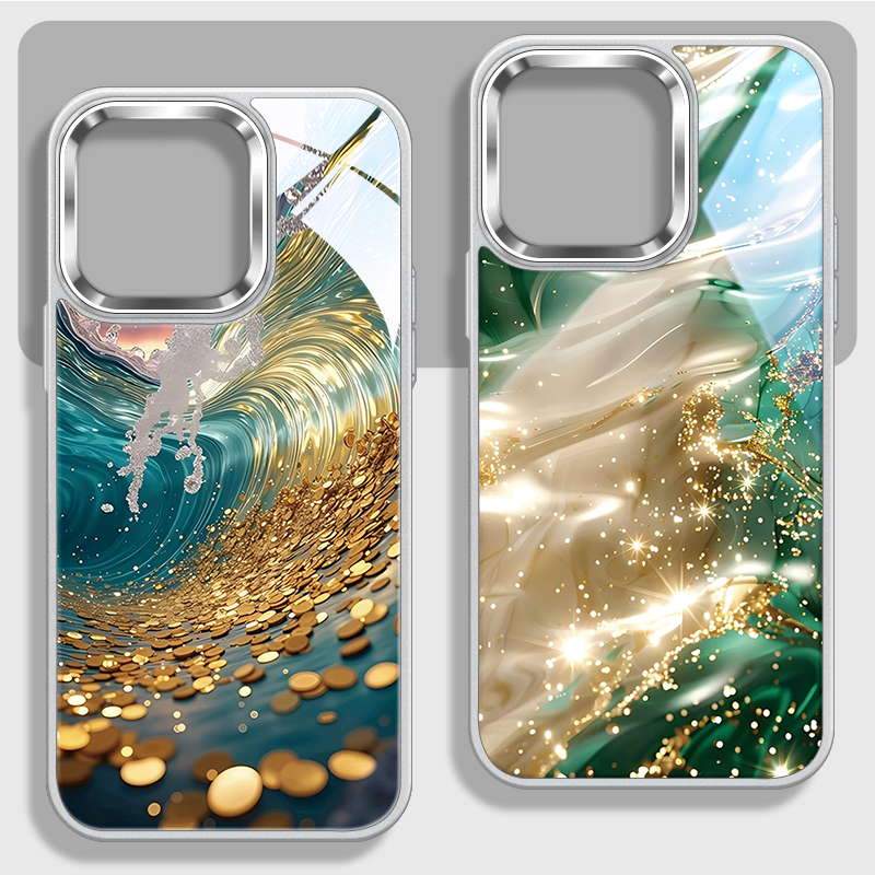 绿色流水生金不包镜头玻璃手机壳