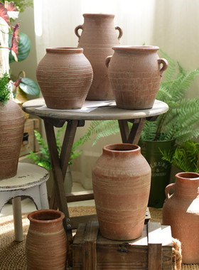 复古风粗陶花瓶手工红陶土罐陶瓷插花干花器民宿客厅装饰花盆摆件