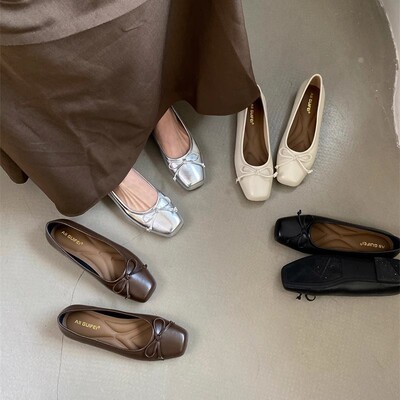 仙女风温柔鞋女2026春季新款蝴蝶结方头银色浅口法式芭蕾平底单鞋