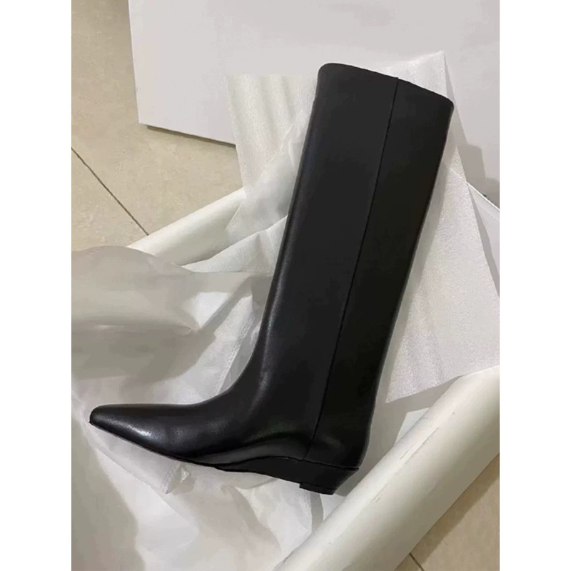 女鞋2025新款黑色长筒靴女骑士靴尖头不过膝高筒靴子坡跟丑丑靴