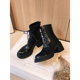厚底小个子增高马丁靴女英伦复古粗跟短靴弹力瘦瘦靴