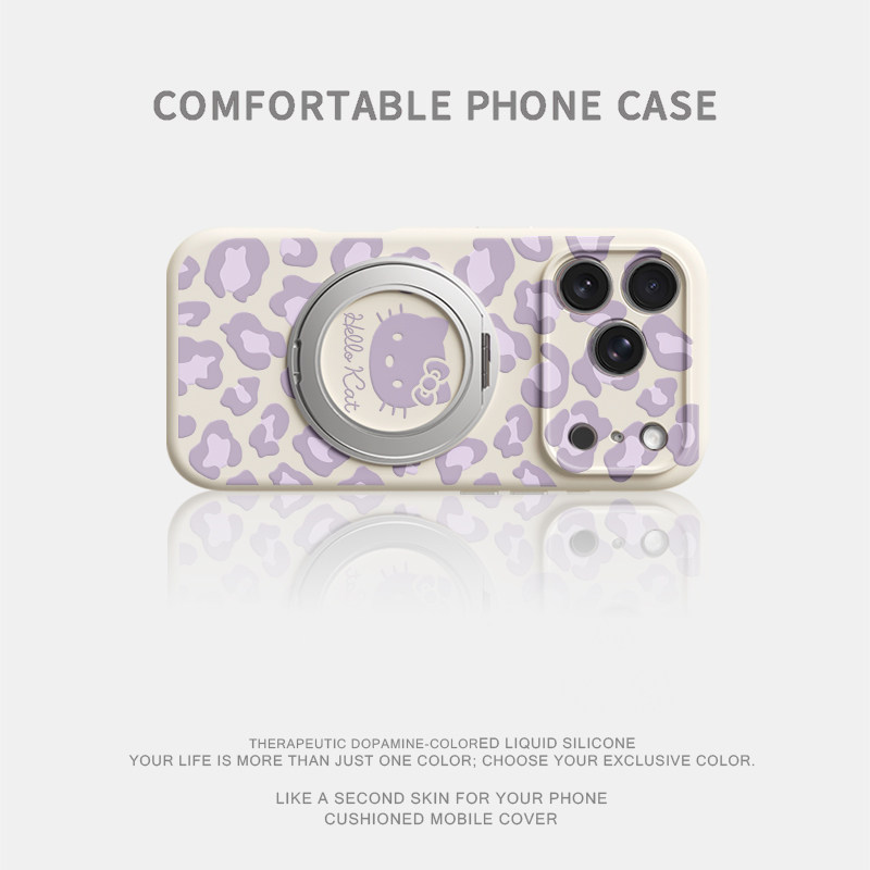 紫色豹纹kitty适用苹果17promax手机壳新款iphone16pro镜头全包15液态硅胶防摔软壳360旋转磁吸支点壳女款14