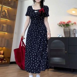 高端棉绸连衣裙女夏季 2025新款 外穿收腰大摆裙绵绸人造棉碎花裙子