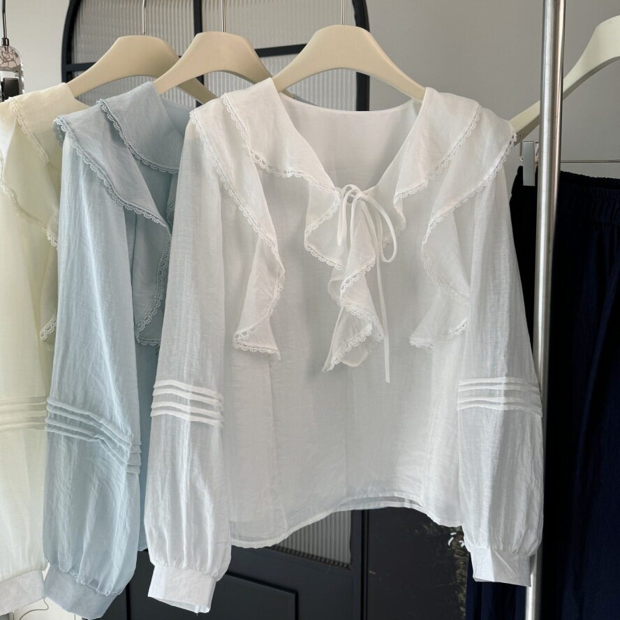 法式V领别致长袖衬衫女小个子2025新款设计感小众气质荷叶边上衣