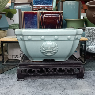 7cm陶瓷青瓷冰裂纹浮雕四方形口石湾兽头矮霸金豆树桩造景