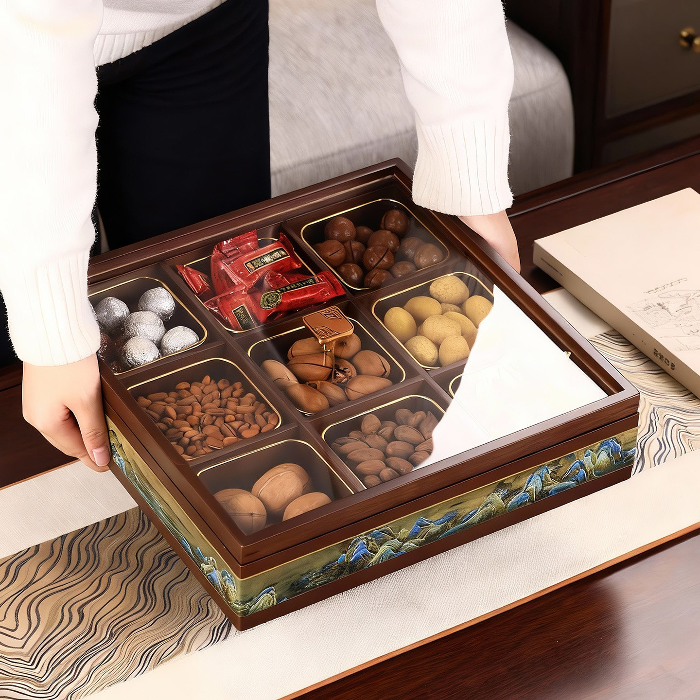 干果盘客厅坚果收纳高档中式瓜子托盘零食糖果盒九宫格轻奢高颜值