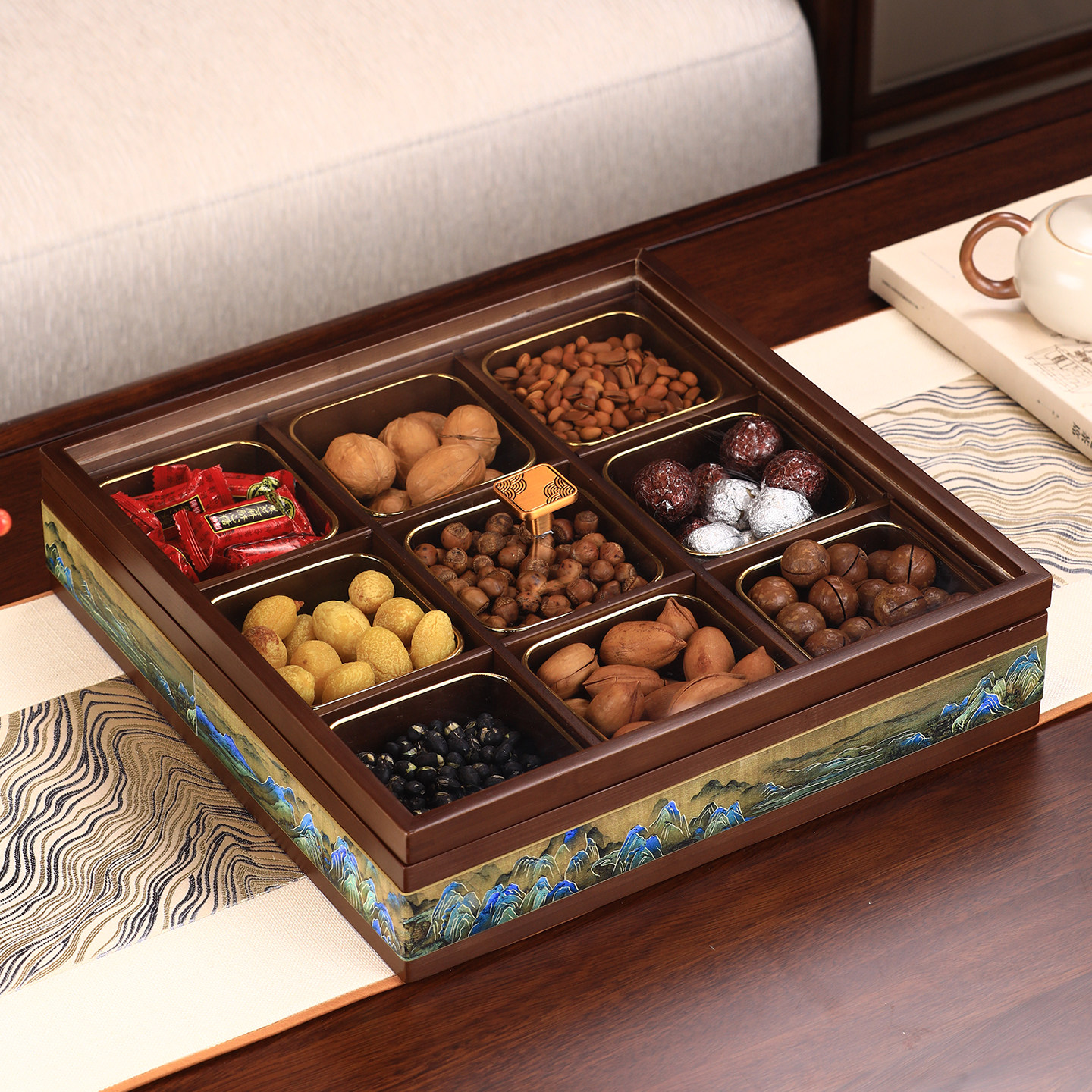 中式九宫格木质干果盒客厅茶几家用精致水果盘糖果点心零食摆放盘,家居饰品,果盘/果篓,淘宝优惠券,粉丝福利购,淘宝优惠卷