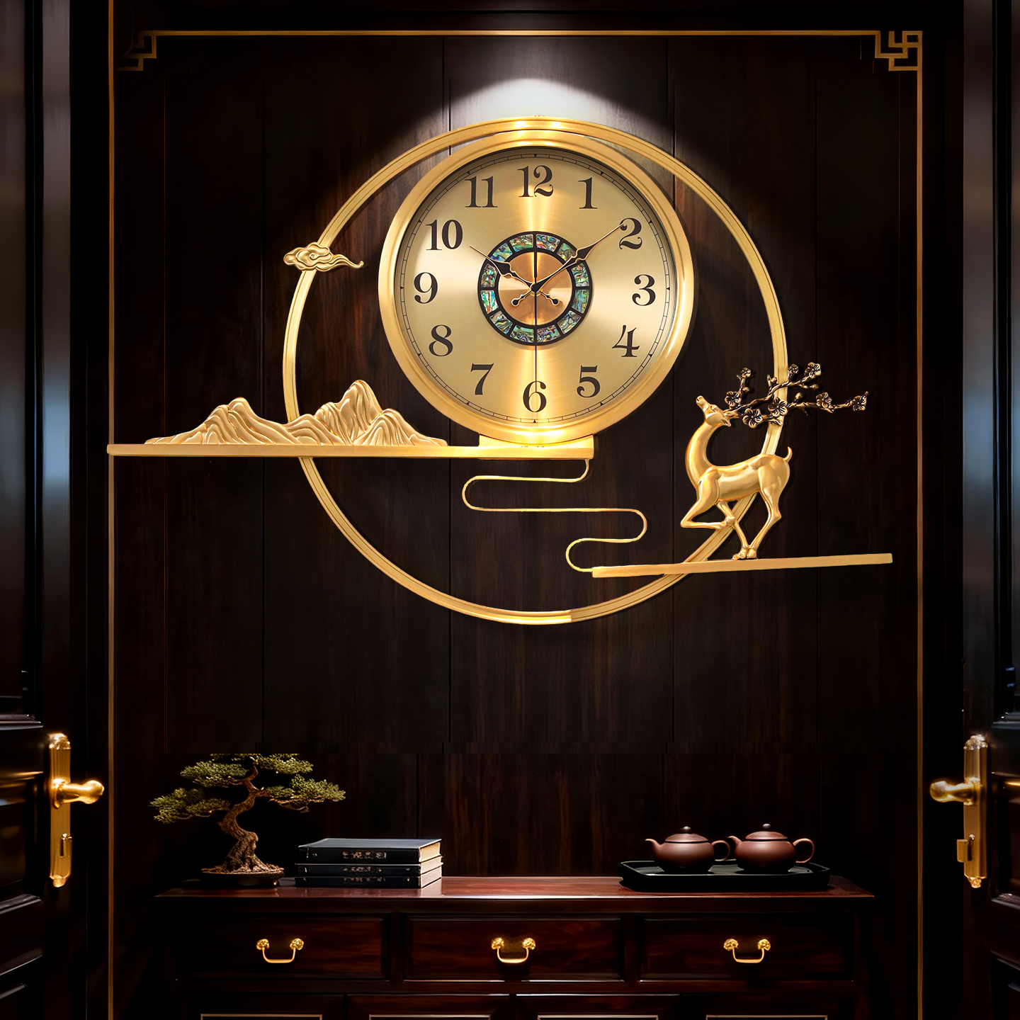 新中式福鹿高端客厅家用挂钟