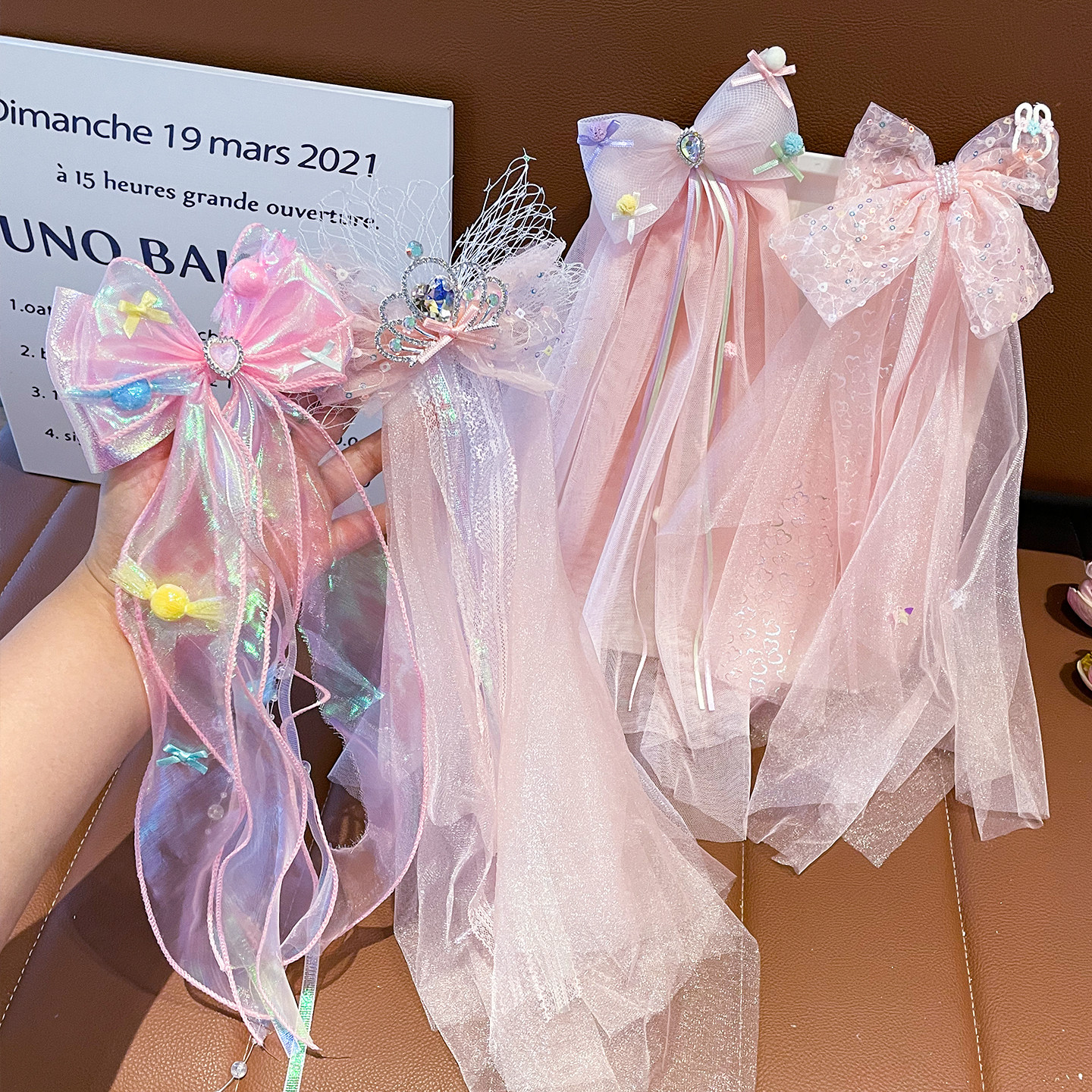 儿童蝴蝶结头纱发夹女童后脑勺发卡宝宝超仙甜美公主飘带网纱发饰