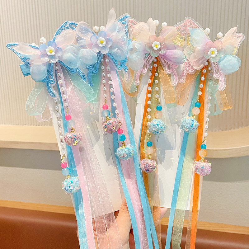 儿童古风发夹蝴蝶公主古装甜美发卡女童超仙汉服飘带步摇流苏头饰