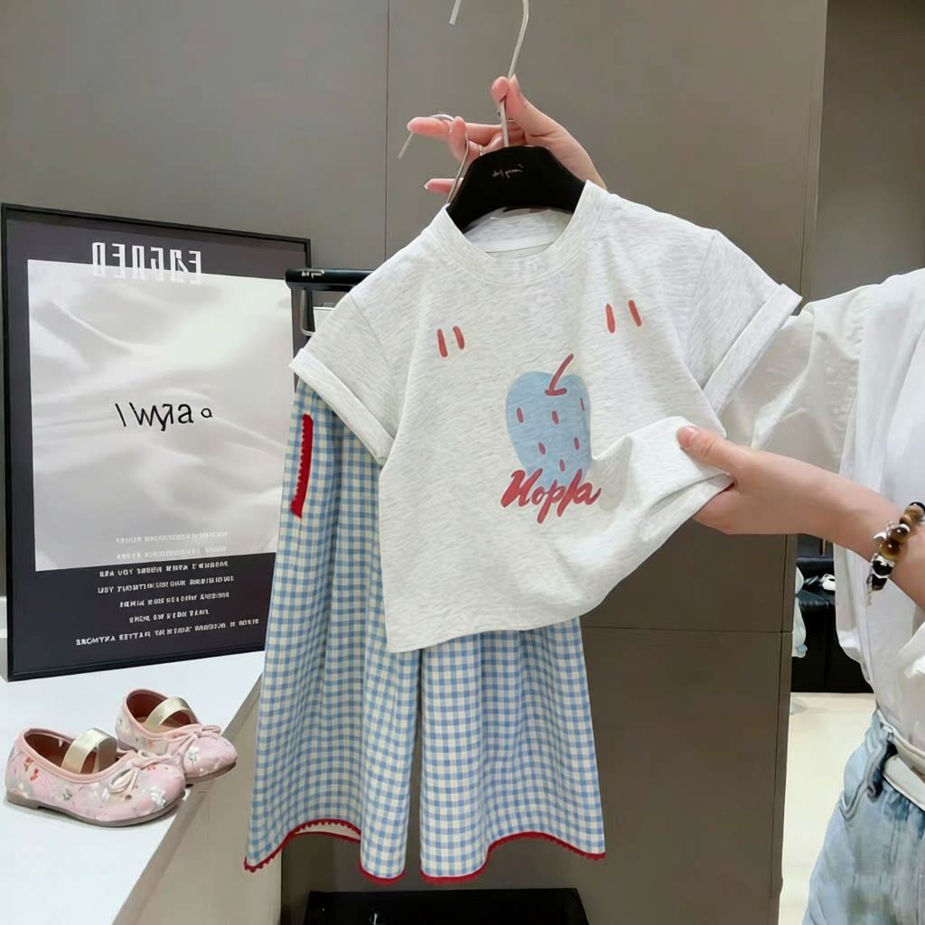 女童夏季苹果印花纯棉拼接法式复古阔腿格子裤套装女孩短袖两件套