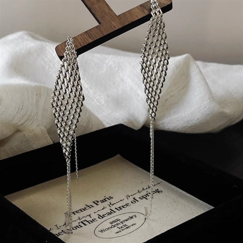 上新9折 编织菱形超长流苏仙女耳环新中式时髦气质银色耳钉修脸型