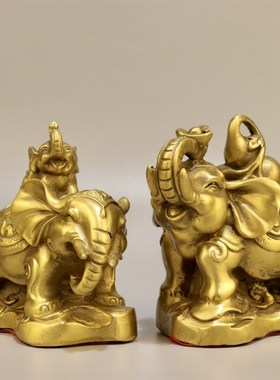 旺财纳福铜d大象摆件一家四口元宝葫芦福字铜象招财聚财桌面工艺