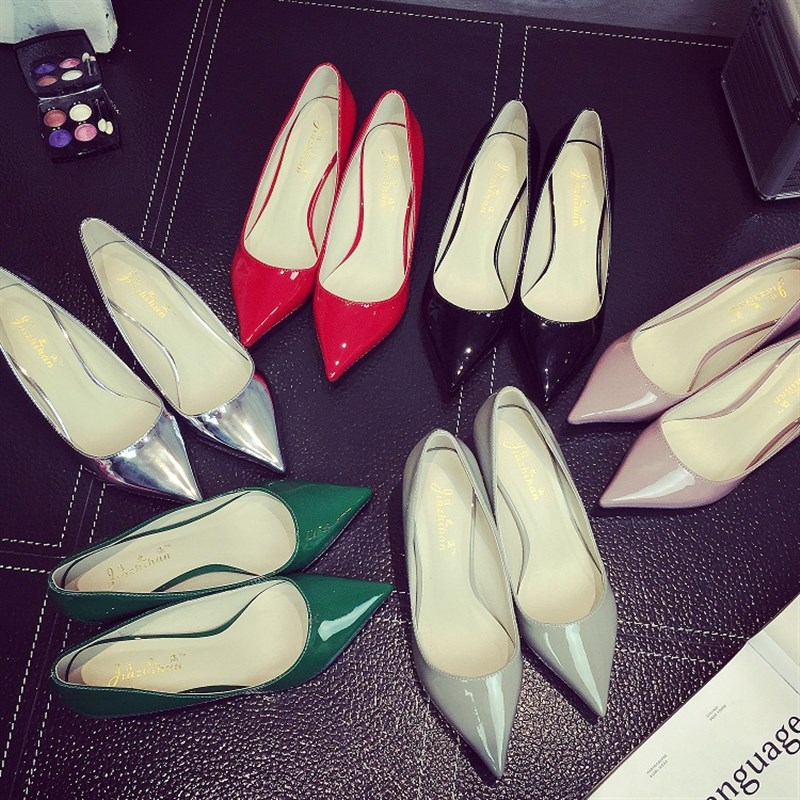 2021新款银色细跟尖头高跟鞋真皮中跟低跟猫跟单鞋女红色婚鞋5cm