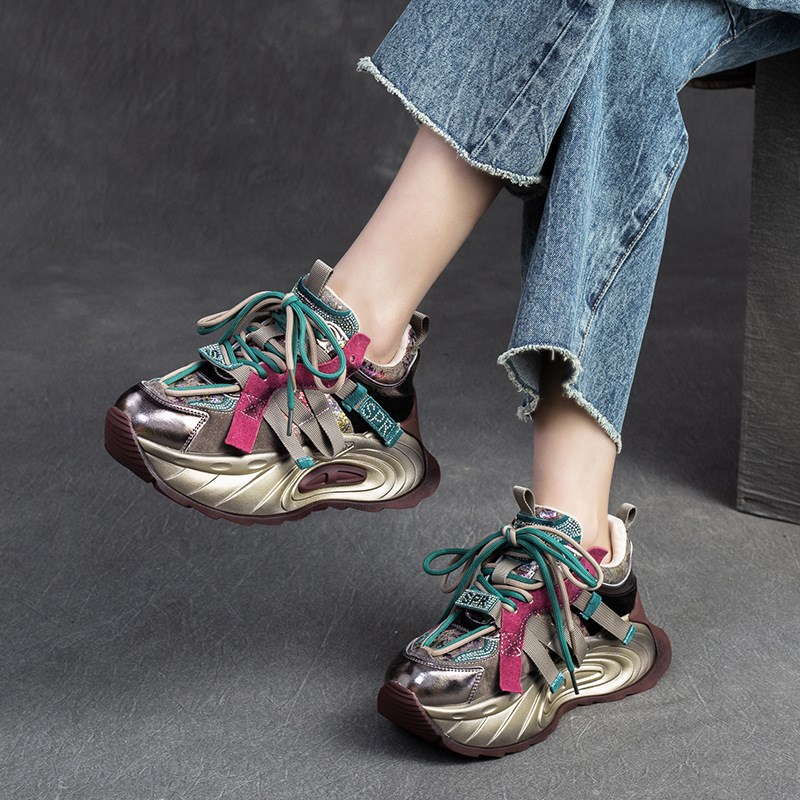 2025年春夏新款厚底真皮老爹鞋女小个子增高松糕底圆头小码休闲鞋