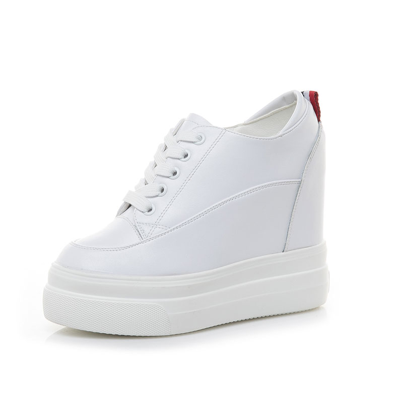 秋季白色内增高女鞋真皮12厘米超高跟小白鞋女坡跟休闲松糕厚底鞋