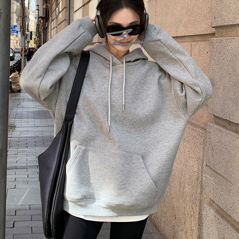 美式灰色连帽加绒卫衣女款秋冬2024新款爆款宽松T慵懒风中长款上