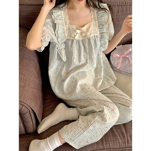 甜美碎花格子宫廷风蕾丝花边家Y居服套装 睡衣女夏季 韩版 短袖 长裤