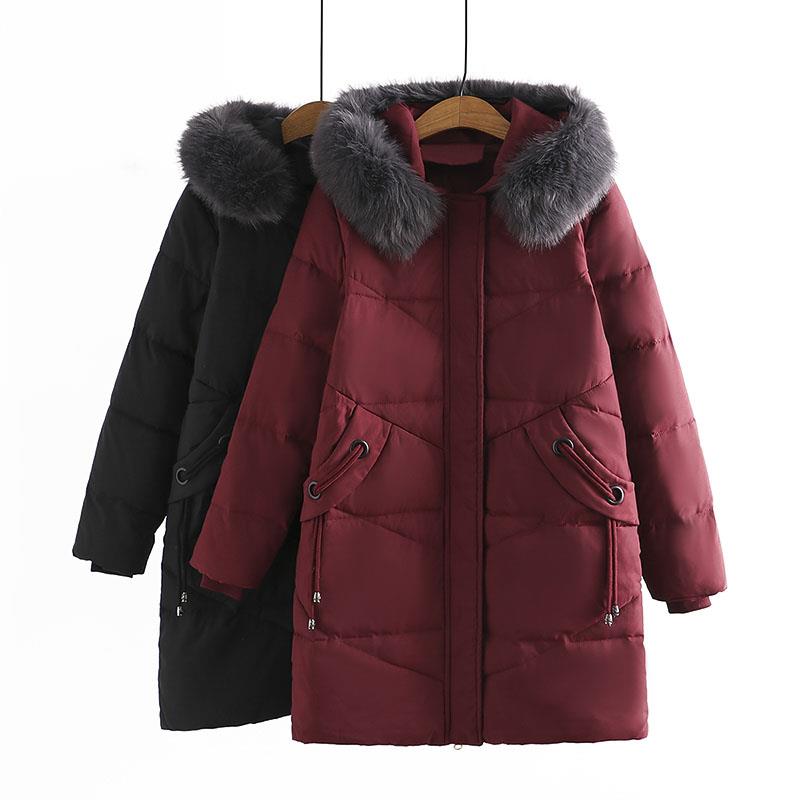 大码冬季外套女胖mm200斤加肥加大时尚中长宽松毛领连帽羽绒棉服