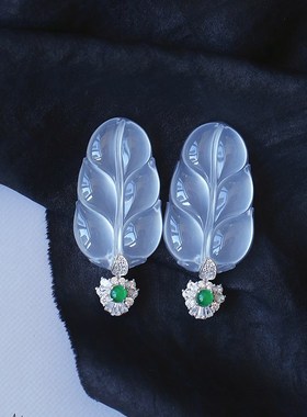 精品 天然水沫玉叶子纯银镶嵌款吊坠 女款高冰水沫子银饰品礼物