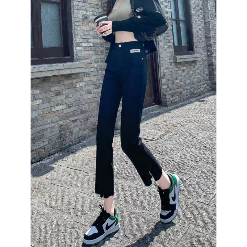 高腰牛仔裤女夏秋胖mm大码黑色法D棍弹力烟管小个子显瘦九分直筒