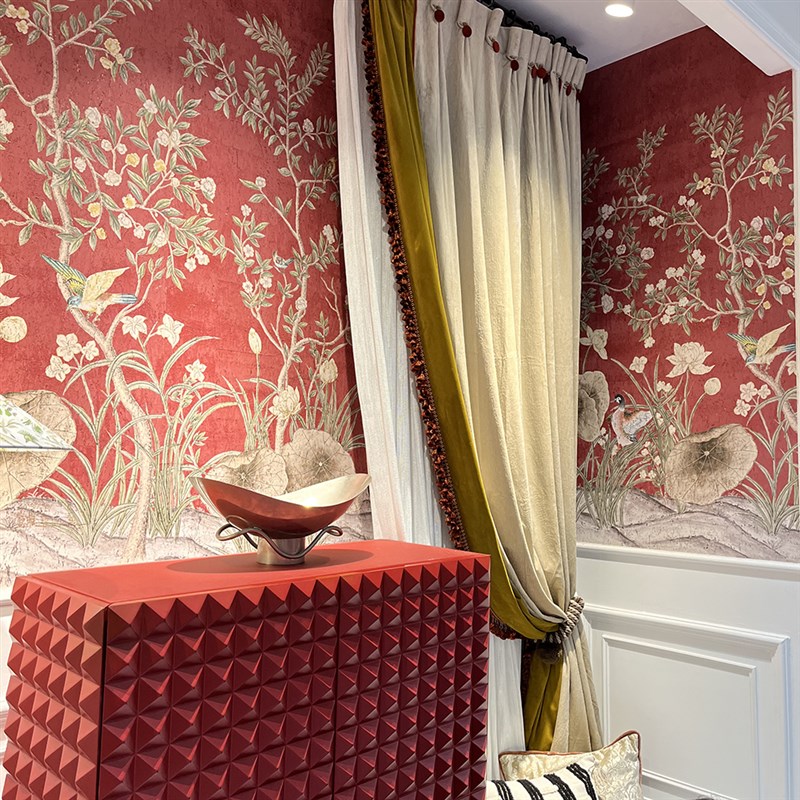 荷塘初夏法式中国风轻奢新中式花鸟植物软木纹客厅餐厅定制壁画