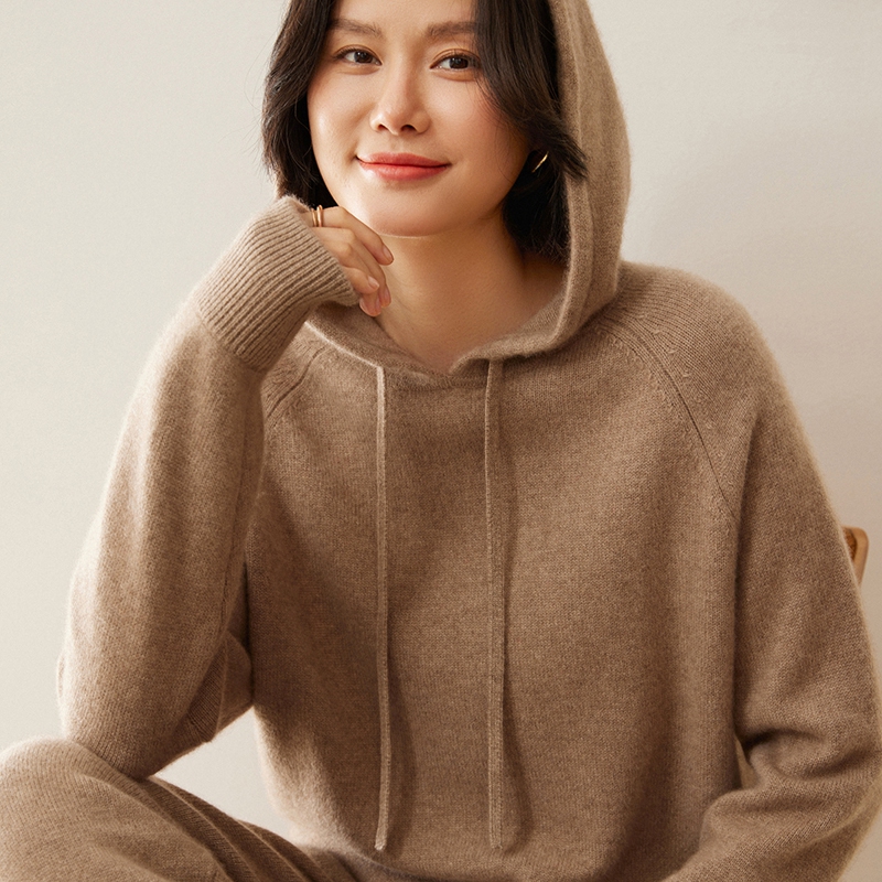 2024秋冬新款连帽100纯山羊绒衫女宽松运动针R织卫衣打底加厚毛衣